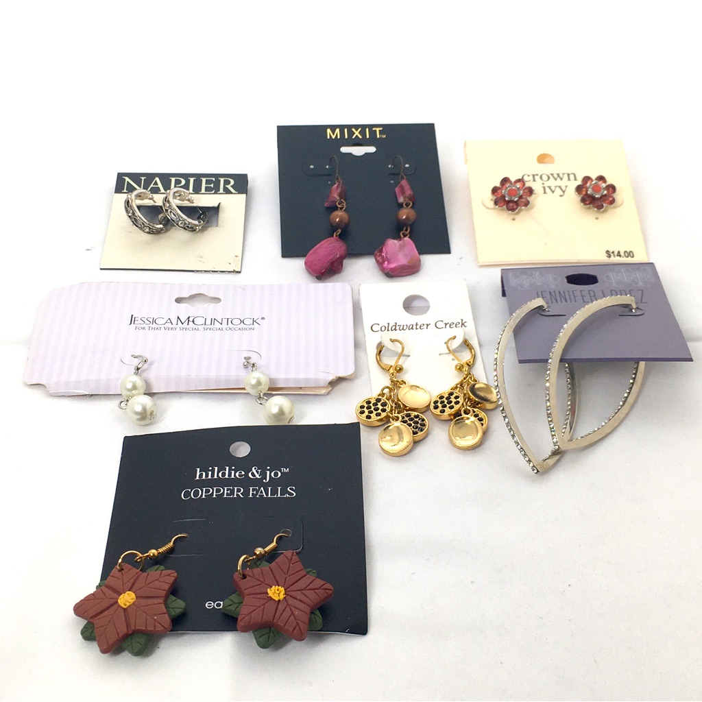 7 Pair Lot Designer Pierced Earrings, All Noc, Jessica Mcclintock, Jlo,